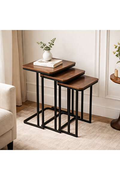 Vi Markets A modern set of three nesting tables with sleek black metal frames...
