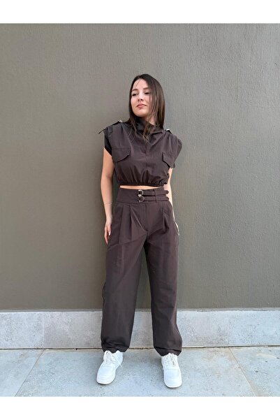 Quzu Toka Detaylı Crop Bluz Kahverengi