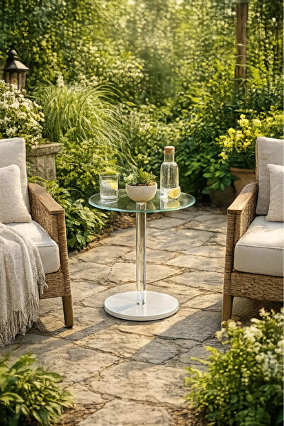 MARIA HOMES Modern Glass Top Outdoor Bistro Table with White Base Patio Cafe ...
