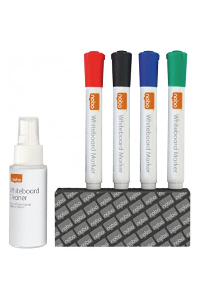 Nobo Kit pentru tabla NOBO, 4 markere diverse culori, burete magnetic, spray ...
