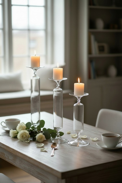 EVSTYLE ÜÇLÜ BORASİLİKAT CAM ŞAMDAN - YÜKSEK ISIYA VE DİREK ATEŞE DAYANIKLU CAM