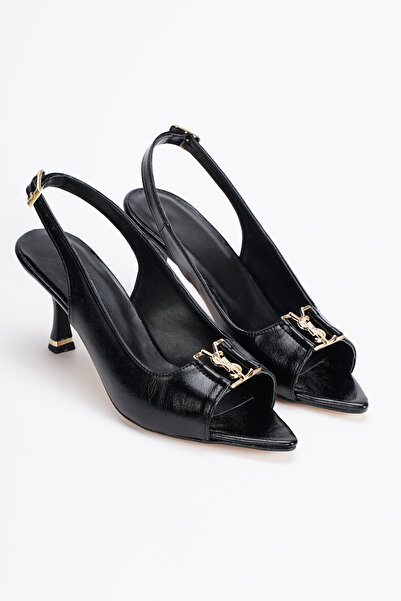 elvinshoes Anaya Women's Black Buckled Pointed Toe Heeled Shoes