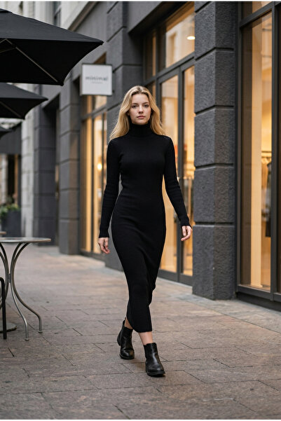 Fix Modalife Kadın Boğazlı kolu uzun Vücuda Oturan Fitilli Triko Midi Elbise