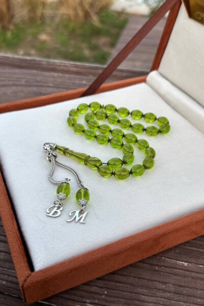 Kervan Tesbih Kişiye Özel Gümüş Harfli Yeşil Ateş-i Sıkma Kehribar