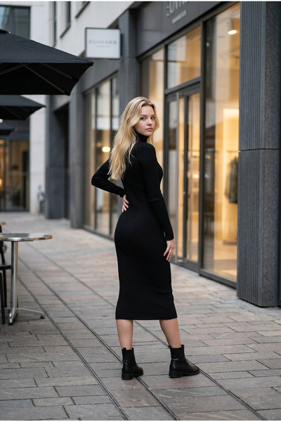 Fix Modalife Women's High-Neck Long-Sleeved Bodycon Corded Fabric Knitwear Midi Dress