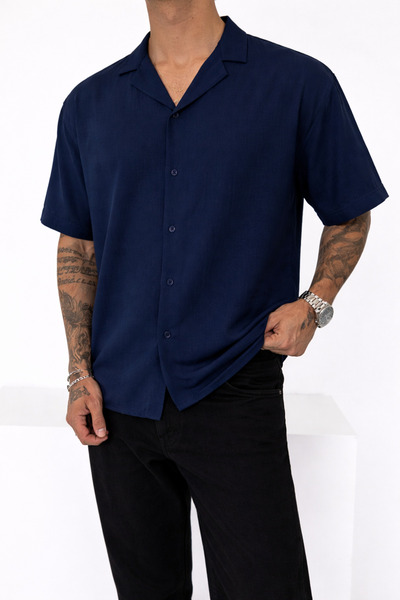 İLKCET MODA Men's Navy Blue Lightweight Loose Fit Linen Shirt