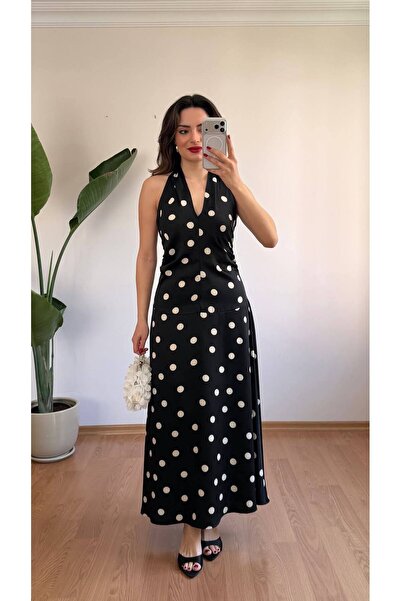 LOKADI Black and White Polka Dot Piece Satin Halter Neck Tie-Detail Halter Ne...