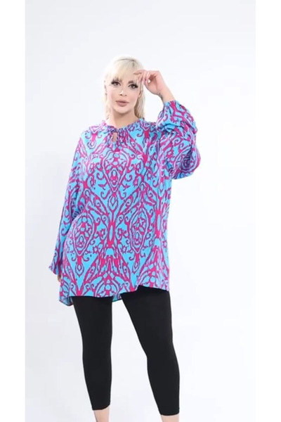 SPORTİVEA Plus Size Women's Patterned Oversized Tunic Blouse Red Green
