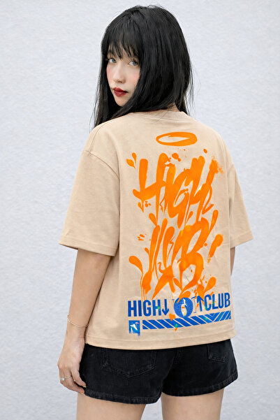 MARKATEM تي شيرت High Club مطبوع كبير الحجم للجنسين للرجال والنساء - طباعة جر...