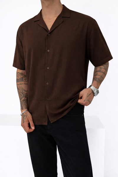 İLKCET MODA Men's Brown Lightweight Loose Fit Linen Shirt
