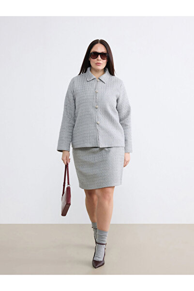 LC Waikiki Gray Plus Size Mini Tweed Skirt with Zipper at the Waist