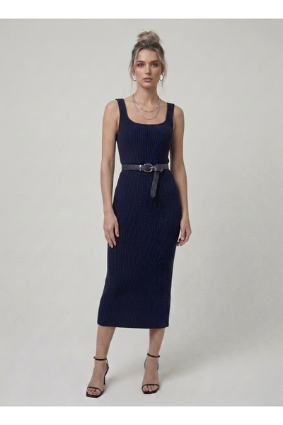 Neden Tekstil Premium Fit Square Neck Corded Fabric Knitwear Midi Dress