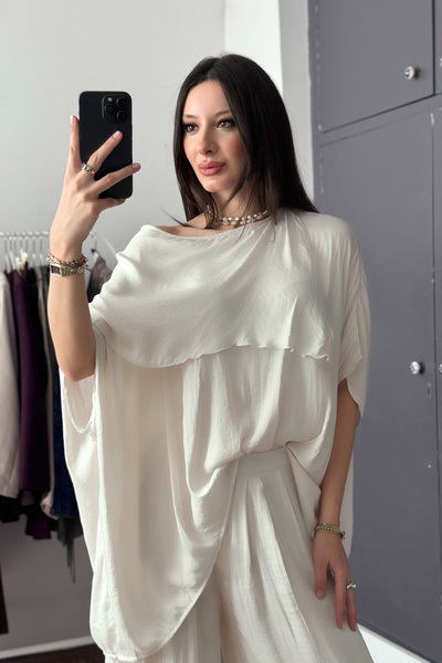 ROYAL'S AURA Lina Dökümlü Asimetrik Bluz Pantolon Takım
