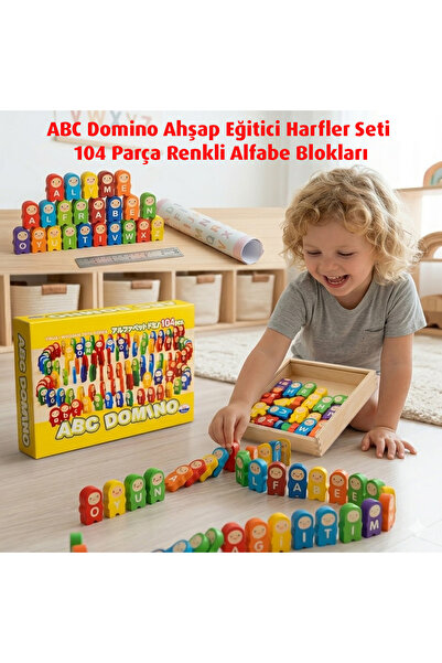 direkstoktan ABC Domino Ahşap Eğitici Harfler Seti 104 Parça Renkli Alfabe Bl...