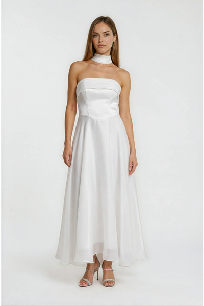 Spazio Drapeli Straplez Davet Elbisesi BEYAZ