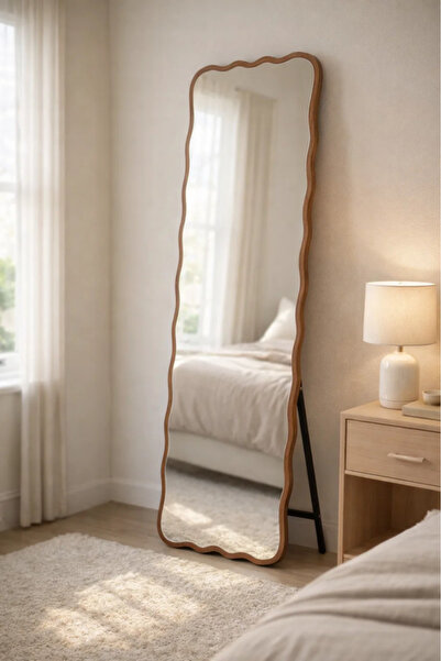 MARIA HOMES مرآة أرضية بإطار خشبي مموج، مرآة طويلة قائمة لغرفة النوم