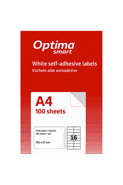 Optima Etichete albe autoadezive 16/A4, 105 x 37 mm, 100 coli/top, Smart