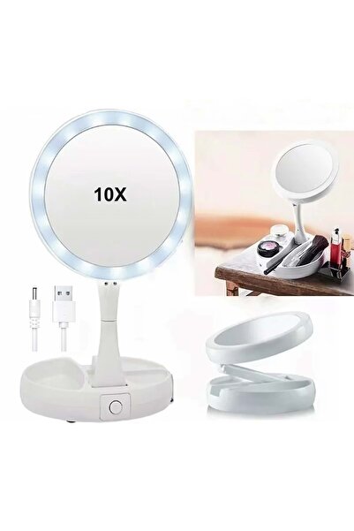 10X Büyütme Çift Taraflı Katlanabilir 21 LED Işıklı Makyaj Aynası USB + PİL