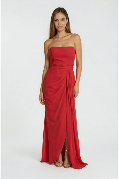 Spazio Straplez Beli Drapeli Uzun Abiye Elbise KIRMIZI