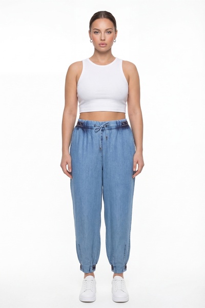 EXİTLİNE Women's Navy Blue Summer Pants with Waist and Leg Opening Ribbed