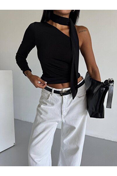 glanour Black Single Sleeve Sandy Fabric Neck Tie Blouse