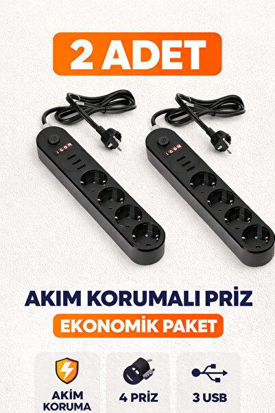 Icon 2 ADET Akım Korumalı 4'lü Priz 3 USB Girişli 2 Metre Kablolu Çoklu Priz ...