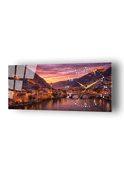 no77decor Amasya Yalıboyu Evleri Temalı Temperli Saatli Cam Tablo