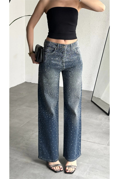 ELAYF بنطلون جينز نسائي واسع الساق باللون الأزرق الداكن، عالي الخصر، واسع الأ...