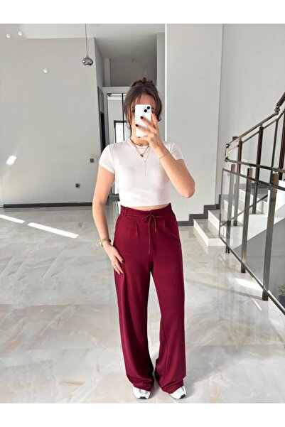 Sude Kızanlıklı Modal Fabric Palazzo Trousers with Elastic Waist and Tie Straps