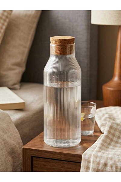 humazeyy Mantar kapaklı cam karaf/ çizgili desenli başucu sürahisi