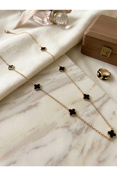 Meneva Aksesuar Black Enameled Minimalist 7-Leaf Clover Gold Color Chain Stai...