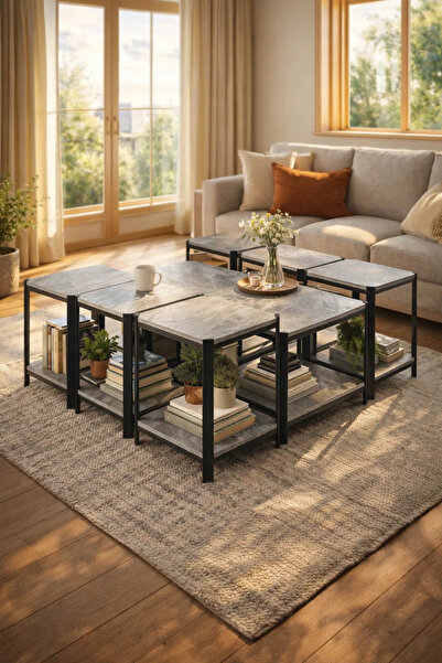 MARIA HOMES طقم طاولة قهوة رمادية عصرية مع طاولات جانبية ورفوف تخزين