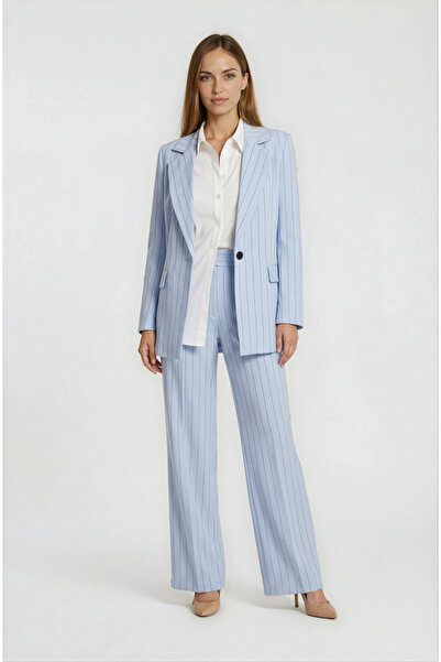 Spazio Tek Düğme İnce Çizgili Klasik Ceket MAVİ