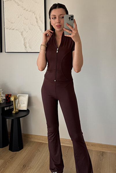 İlayda Toprak Σετ αθλητικής φόρμας Voga Basic Brown με φερμουάρ κάτω και επάν...