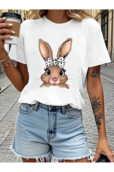 JENOLAN Women's Rabbit Printed Oversized Crew Neck T-Shirt Loose Fit