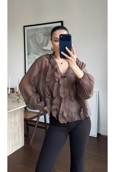 My Blog Brown Ruffle Detail Sheer Blouse - 5023