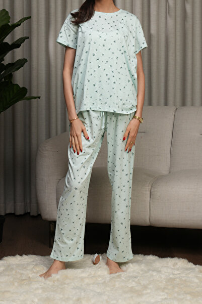 hendam 100% Cotton Star Print Pajama Set - Aqua Green (Mint)