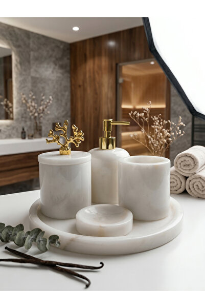 BRONX MARBLE Beyaz Mermer Düz Banyo Seti, 5 Parça , Mercan Gold Aksesuar Deta...