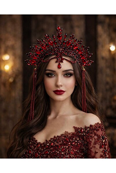 Milena Collection Kırmızı Taşlı Alınlıklı Taç- Kına, Nişan ve Özel Gün Püskül...