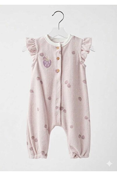 Caramell Kız Bebek Tulumu %100 Pamuk Havlu Kumaş Çilek Desenli
