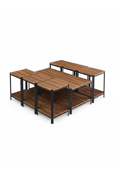 MARIA HOMES Modern Brown Coffee Table Set with 6 Side Tables and Storage Shelves