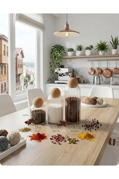 HÜCO BAZAAR 3'lü Şık Yuvarlak Mantar Kapak Bakliyatlık Baharatlık Sürahi Kava...