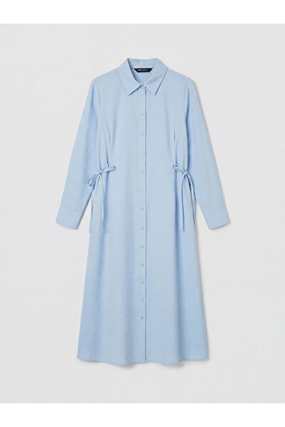 LC Waikiki LCW Modest Mavi Beli Bağlamalı Modal Karışımlı Gömlek Elbise