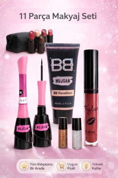 MUJGAN 11 Parça Makyaj Seti – BB Fondöten, Eyeliner, Likit Ruj, Far ve Makyaj...