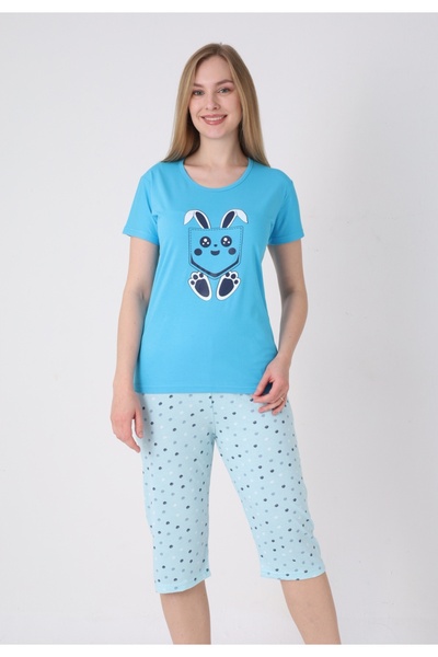 Serena Women's pajamas with Patterned , light blue - Cotton t-shirt and 3/4 p...