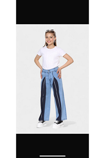 wikiland jeans Girl's Two-Color Panel Detailed Wide Leg D Denim Pants