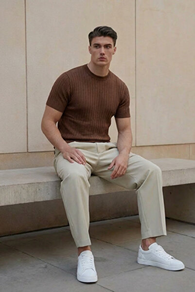 The Champ Clothing Men's Textured Corded Fabric Knitwear T-Shirt Brown - Crew...