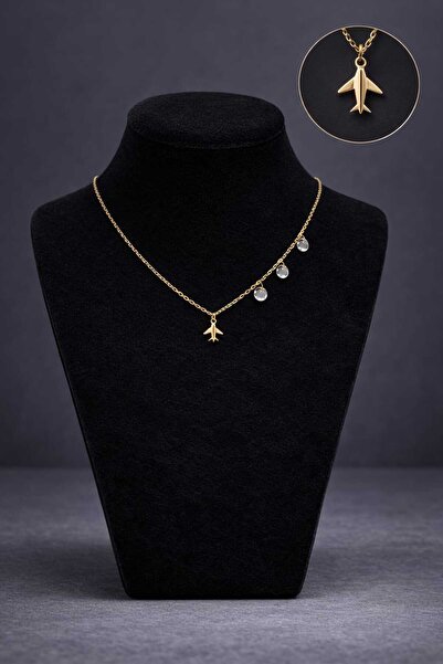 mdm style Minimal Uçak Figürlü Taşlı Gold Kolye