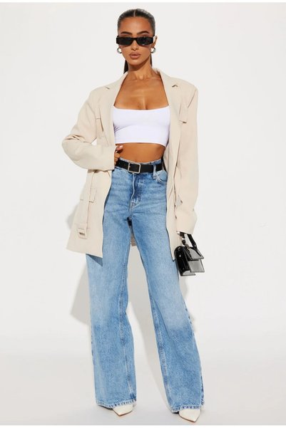 FASHION NOVA Business Women's Belt Piece Blazer Jacket Beige