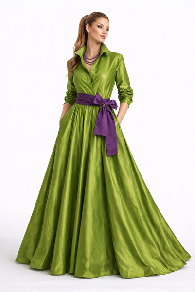 UNTIMELY Mor Kuşaklı Yağ Yeşili Tafta Maxi Şık Gömlek Elbise